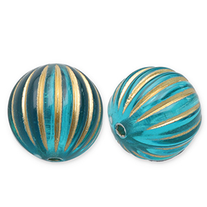 12 mm Perlen aus Acryl Round with Lines Teal blue-gold