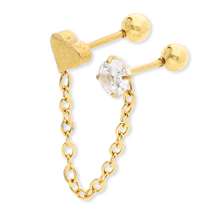 Stainless Steel - Rostfrei Stahl Ohrpiercing Heart with Chain & Strass Gold-crystal