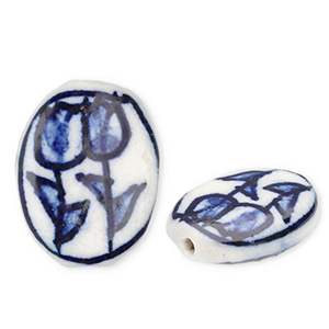 Keramik Perlen Oval with Tulips Off white-Delft blue