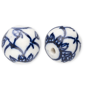 Keramik Perlen 15 mm with Leaf Off white-Delft blue