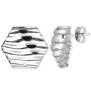 Zubeh&ouml;r aus Stainless Steel - Rostfreiem Stahl Ohrringe / Ohrstecker Hexagon with Lines with loop Silver