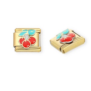 Stainless Steel - Rostfrei Stahl Italian Charm Element Cherries Gold-red-green