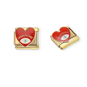 Stainless Steel - Rostfrei Stahl Italian Charm Element Heart with Eye of Providence Gold-dark red-white
