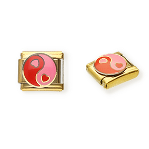 Stainless Steel - Rostfrei Stahl Italian Charm Element Heart Yin & Yang Gold-pink-red