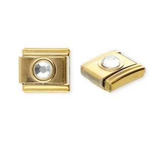 Stainless Steel - Rostfrei Stahl Italian Charm Element Round with Strass Gold-crystal