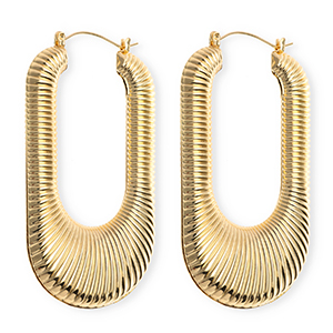 Statement-Ohrringe&nbsp;/&nbsp;Creolen Oval ridged mit Rostfrei Stahl-Stecker Gold