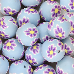 Silikonperlen 18&nbsp;mm Round with hand-painted Flowers Light blue-purple-yellow