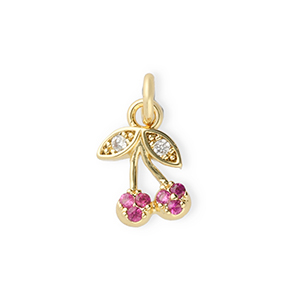 TQ Metall Brass Anh&auml;nger Cherries with Rhinestones Gold-pink-transparent