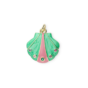 TQ Metall Brass Anh&auml;nger Shell with Rhinestones Gold-green-pink-transparent
